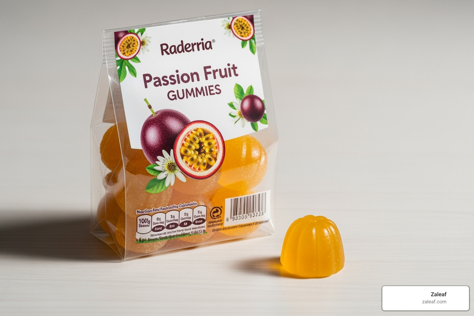 Passion Fruit gummies package and an individual gummy - Uplifting Delta 8 Passion Fruit gummies package and an individual gummy - Uplifting Delta 8