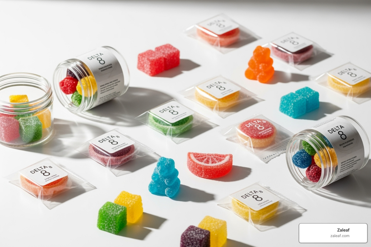 Zaleaf's Delta 8 gummy products arranged artfully - Uplifting Delta 8 Zaleaf's Delta 8 gummy products arranged artfully - Uplifting Delta 8