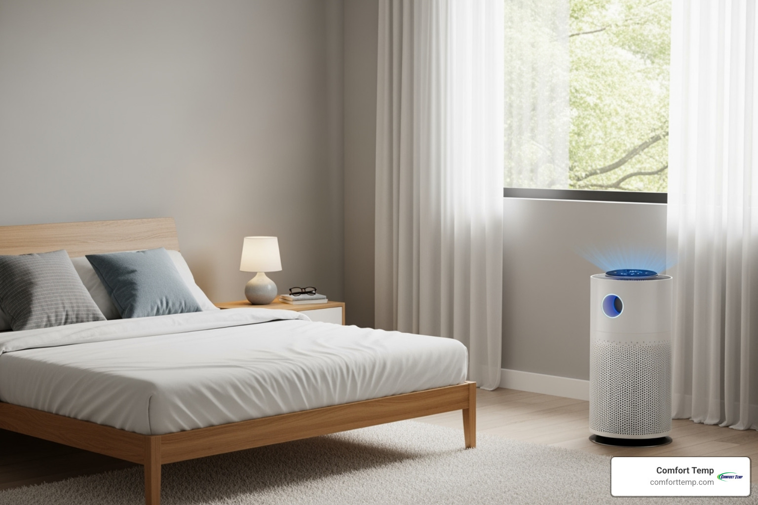 sleek, modern air purifier in a bedroom - air quality products sleek, modern air purifier in a bedroom - air quality products