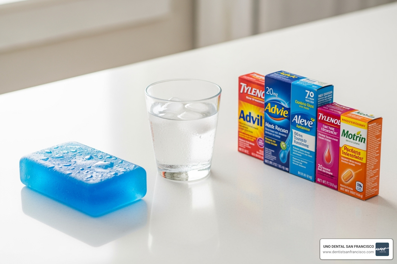 organized display of ice pack, water glass, and over-the-counter pain reliever boxes - pain relief tooth extraction organized display of ice pack, water glass, and over-the-counter pain reliever boxes - pain relief tooth extraction