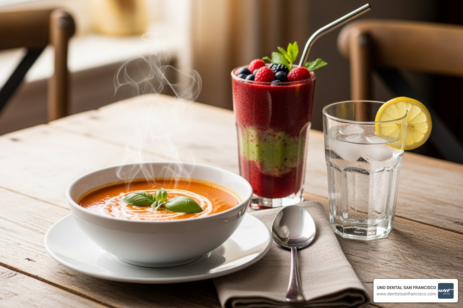 bowl of soup and a smoothie next to a glass of water - pain relief tooth extraction bowl of soup and a smoothie next to a glass of water - pain relief tooth extraction