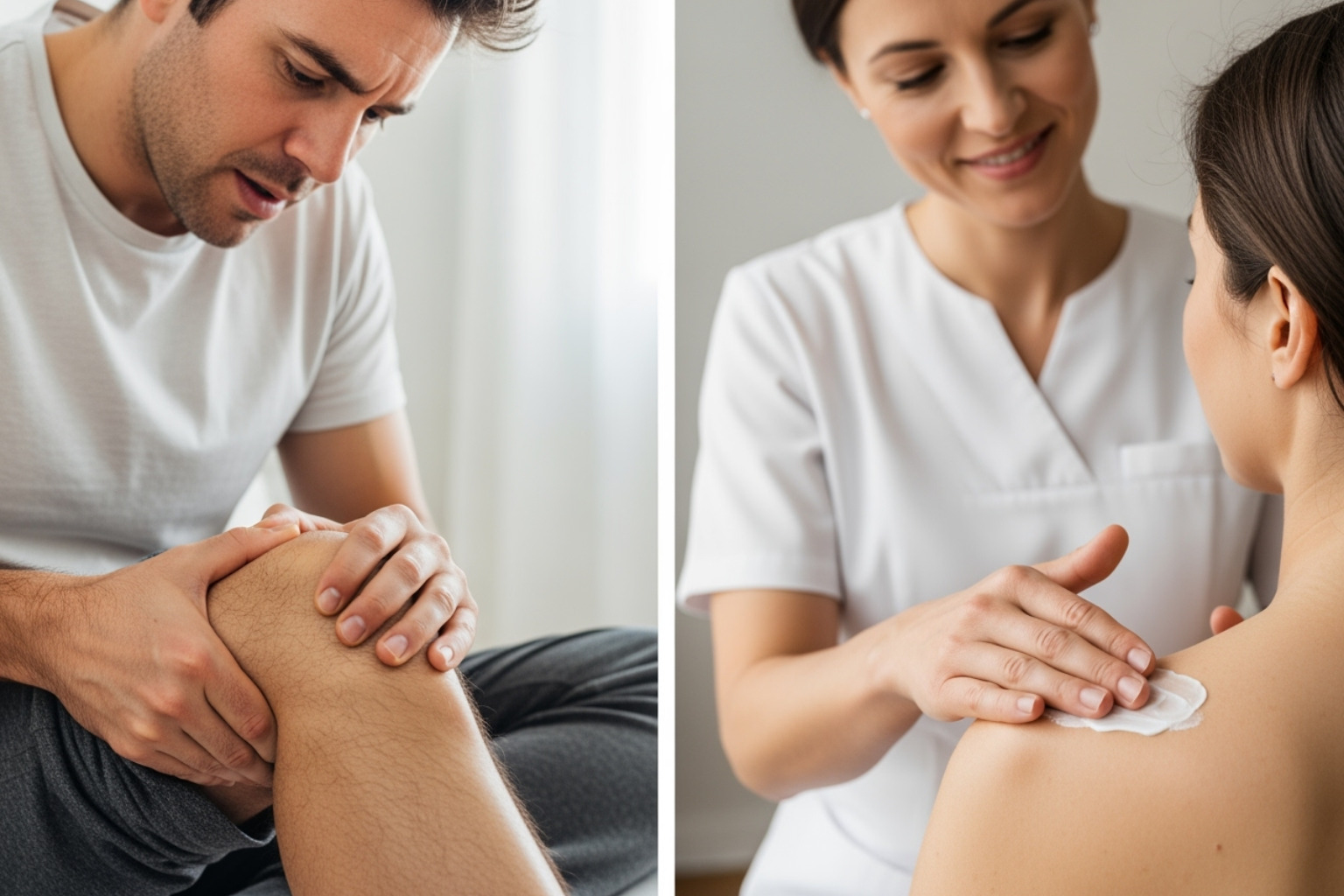 person massaging their knee and another person applying Neuropasil Nerve Pain Relief Cream to their shoulder - non greasy cream