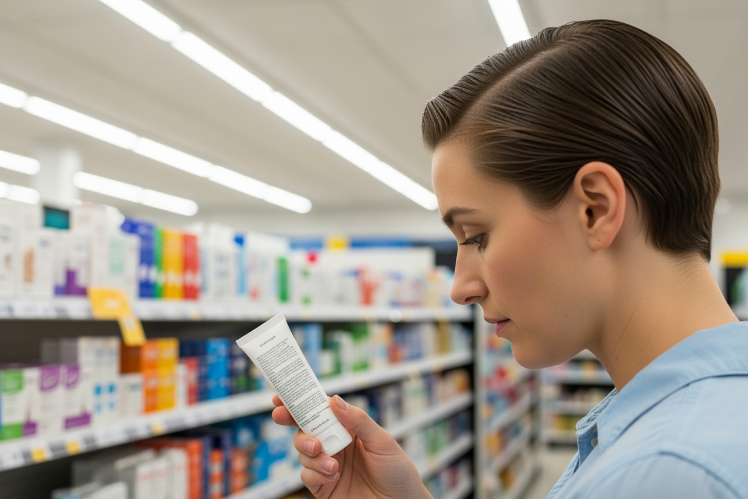 person reading the back of a Neuropasil cream tube in a store aisle - non greasy cream