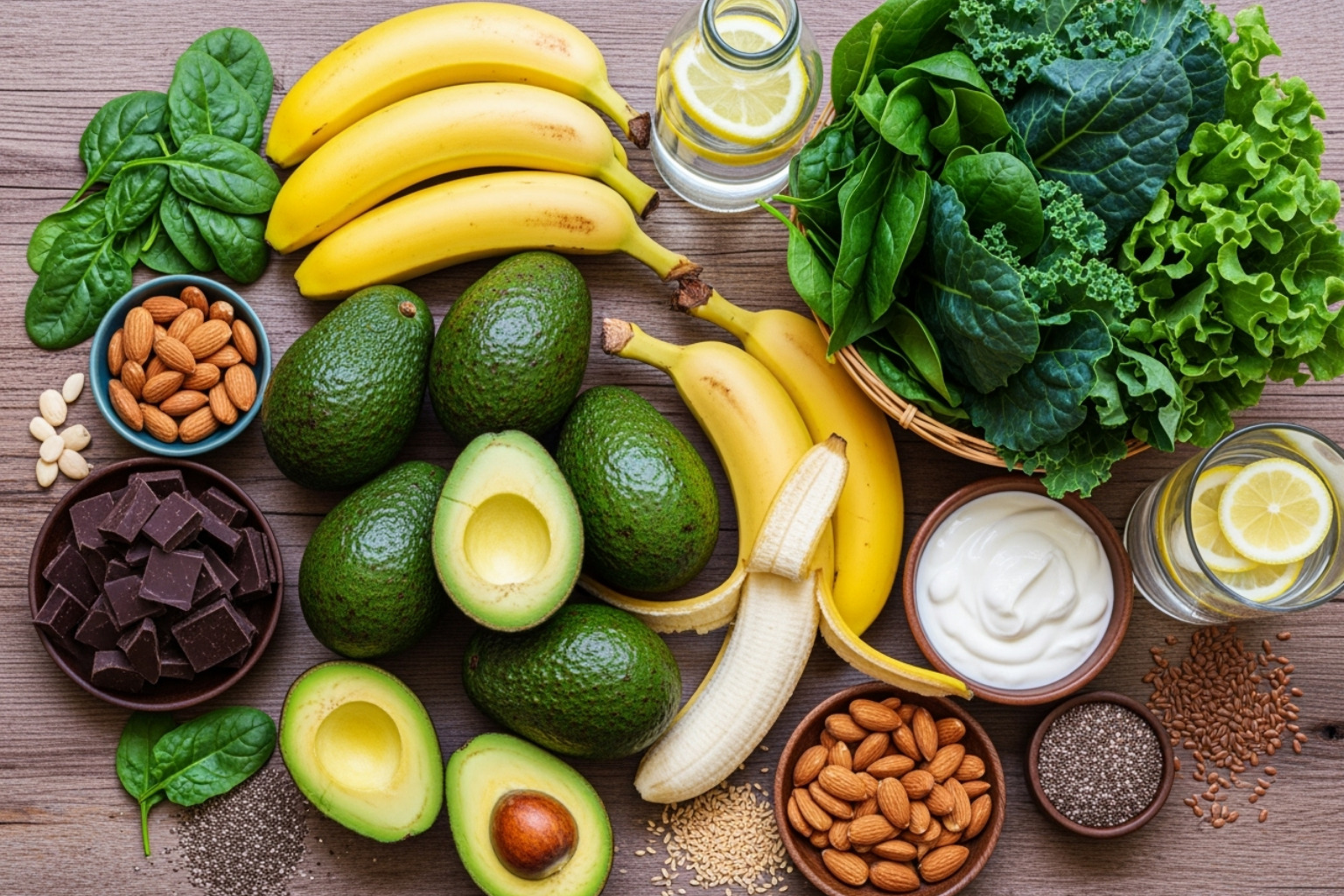 various cramp-fighting foods like avocados, bananas, and leafy greens - natural leg cramp relief