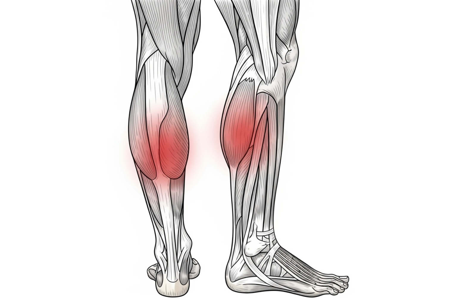 diagram showing common leg cramp locations (calf, hamstring, foot) - natural leg cramp relief