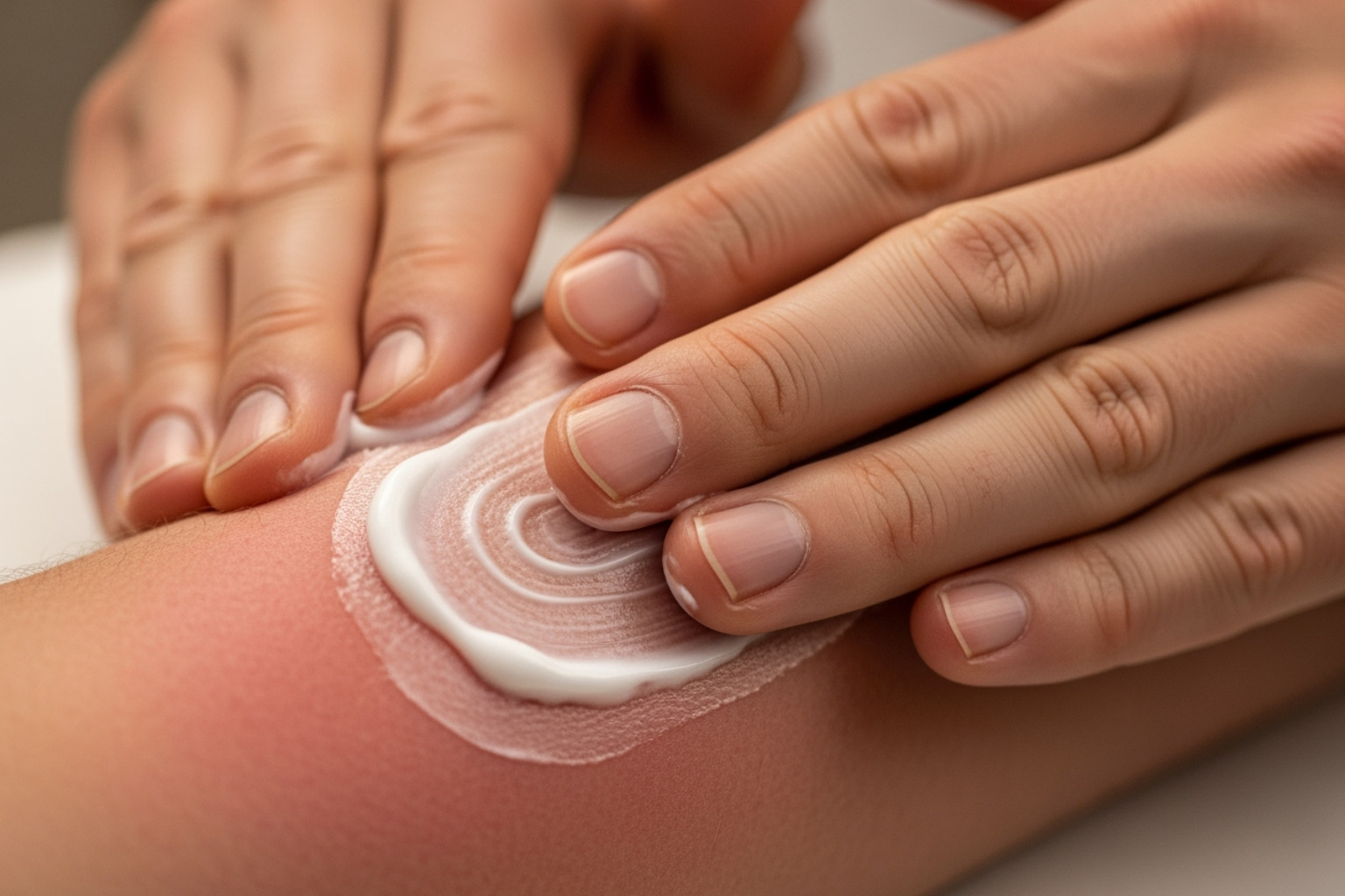 Close-up of a hand gently applying a soothing cream to a sore muscle, emphasizing topical relief. - fibromyalgia natural pain relief