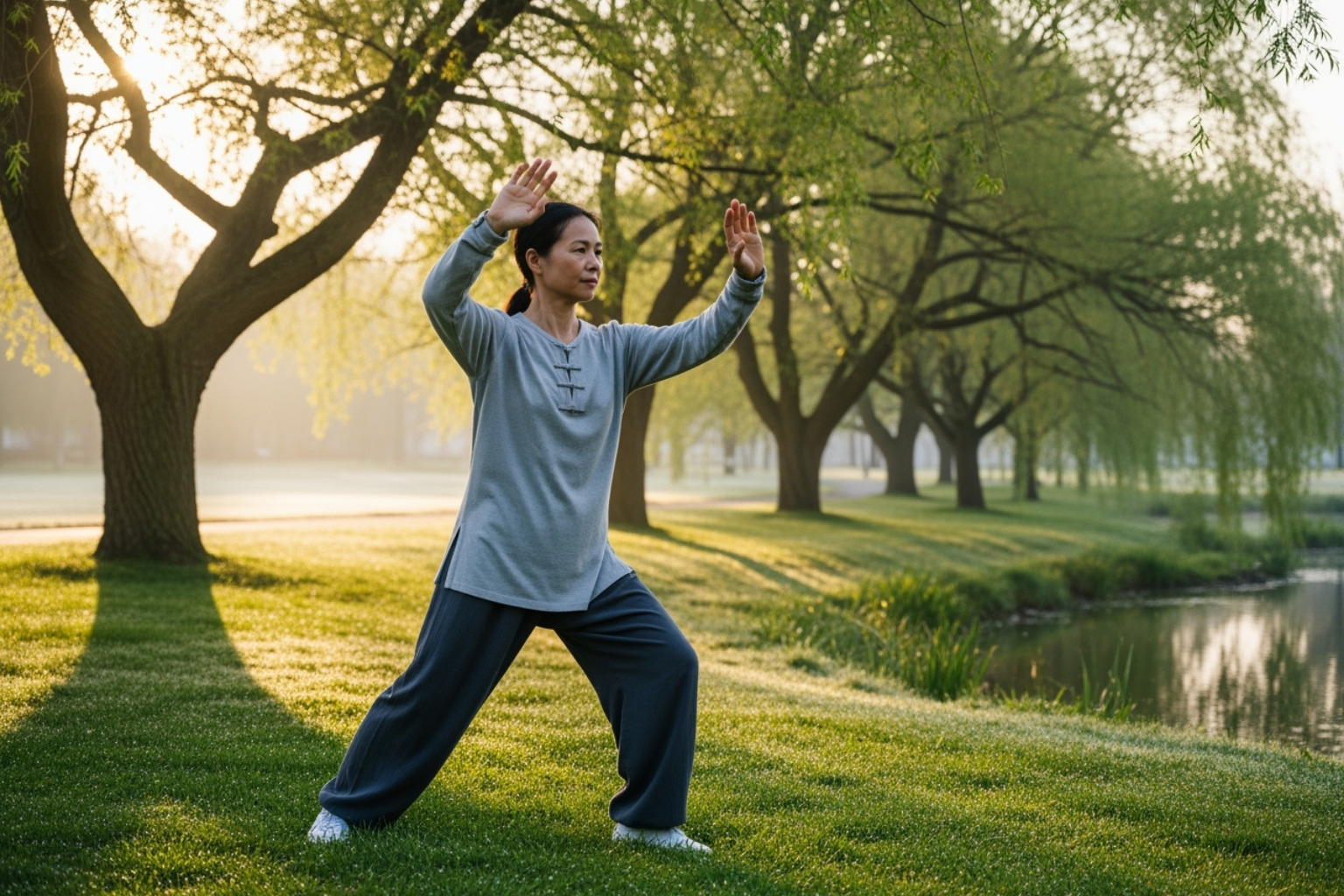 A person performing gentle Tai Chi movements in a serene outdoor park, illustrating mindful movement and exercise. - fibromyalgia natural pain relief