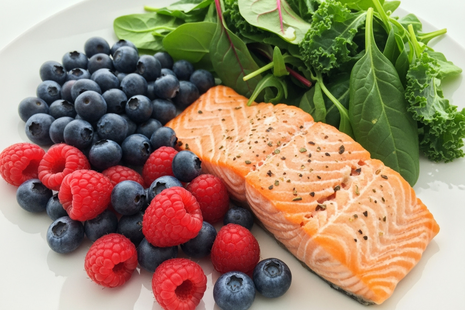 A colorful plate of anti-inflammatory foods like salmon, berries, and leafy greens, emphasizing fresh, whole ingredients for a balanced diet. - fibromyalgia natural pain relief
