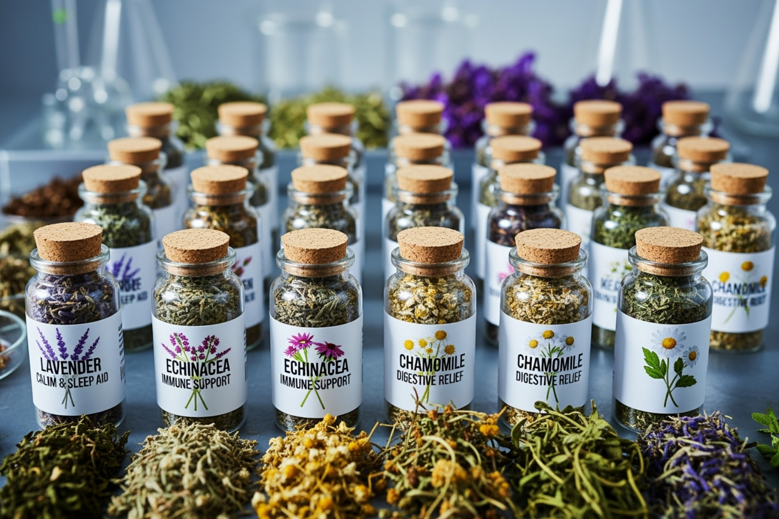 Assorted dried herbs in neat rows, labeled for medicinal use, in a clean, clinical setting. - fibromyalgia natural pain relief