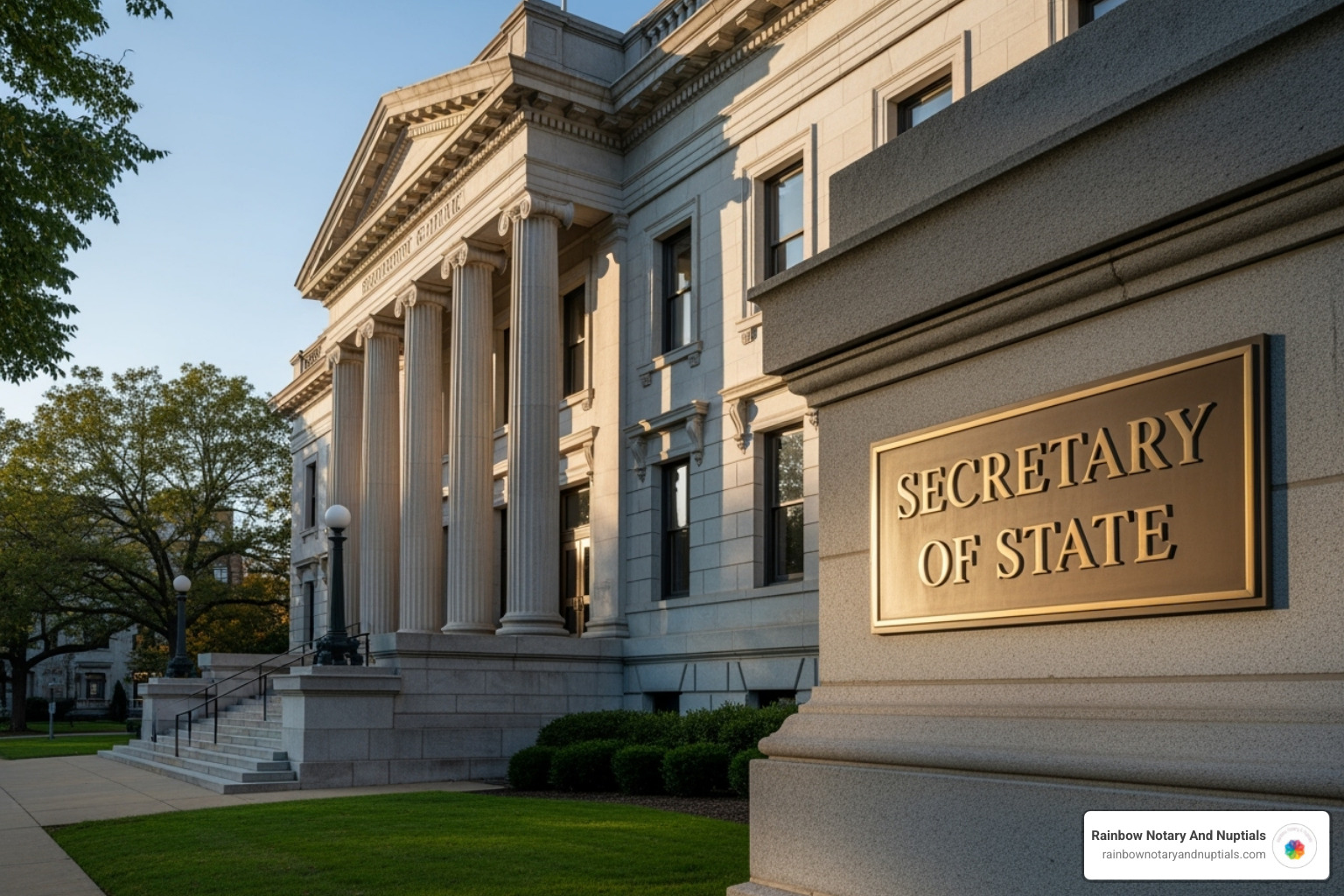 A government building with "Secretary of State" sign - Same day apostille