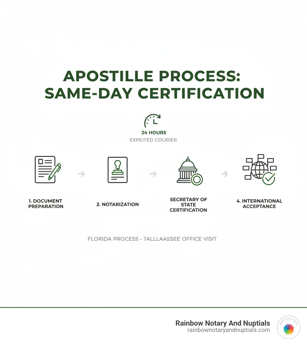infographic showing apostille process from document preparation through notarization to Secretary of State certification to international acceptance - Same day apostille infographic 