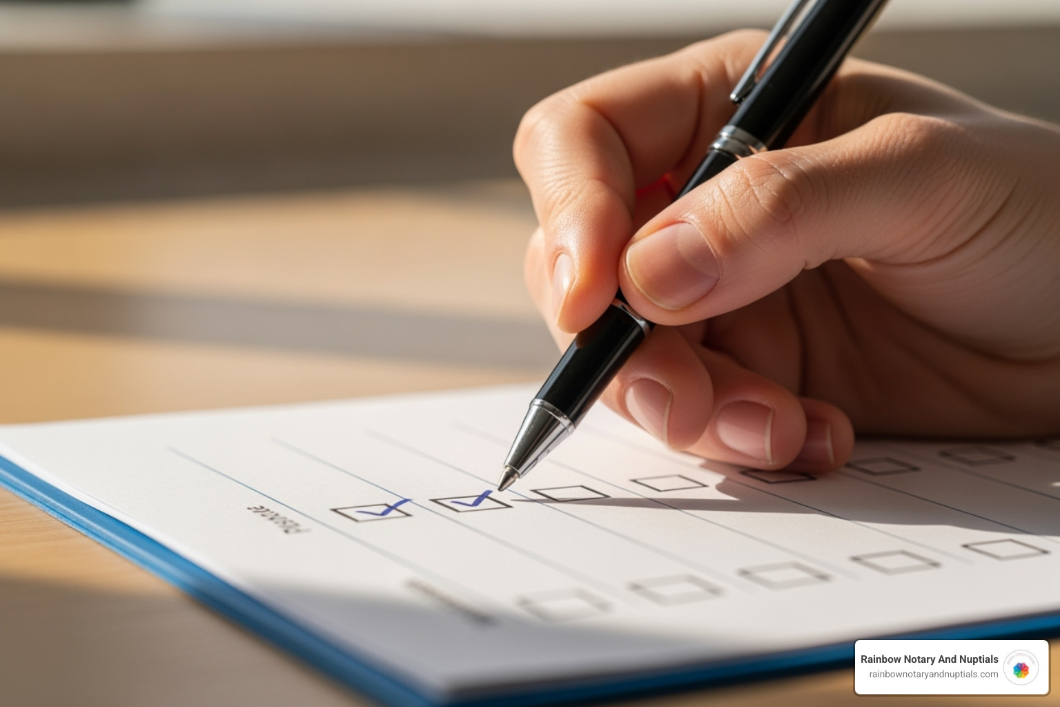 A checklist with items like "Original Document," "Notary Seal," and "Correct Form" - Same day apostille