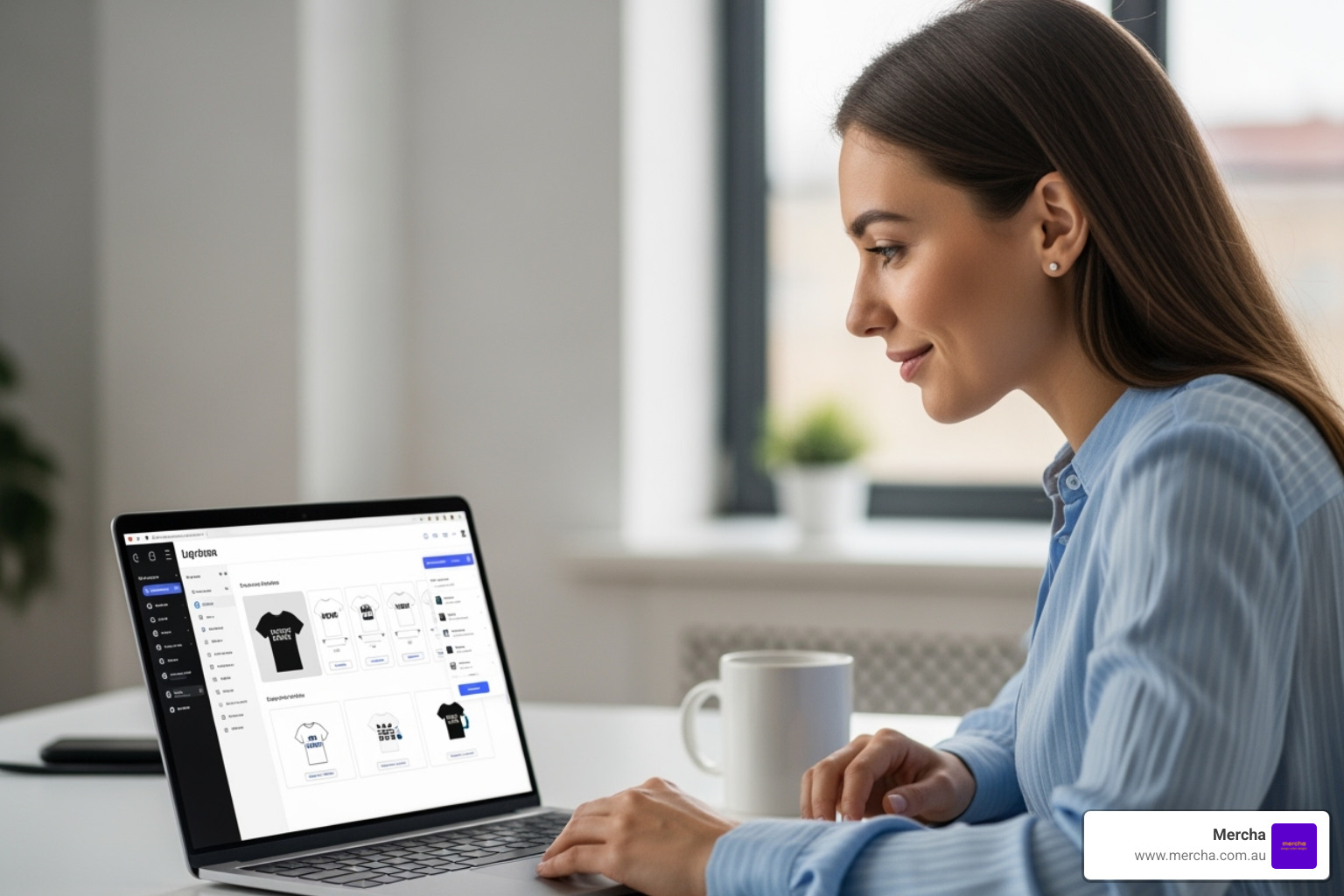 A person using a laptop to design a custom merch item on an online platform, showcasing the ease of customisation. - loyalty program merchandise