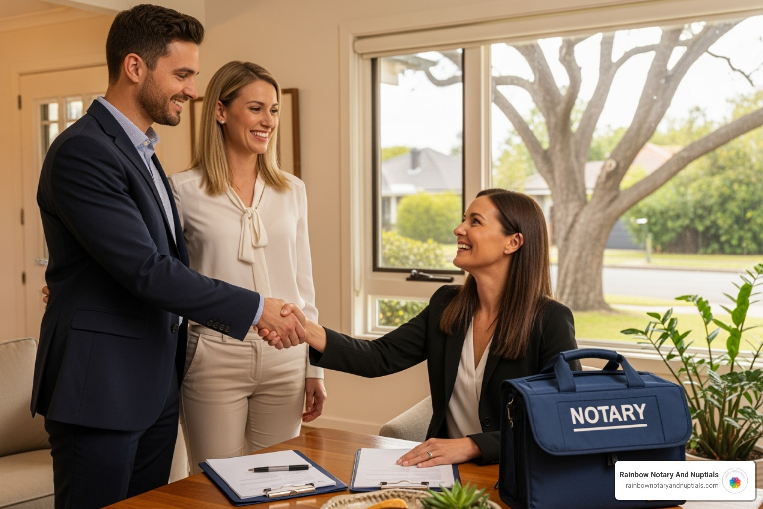 smiling couple shaking hands with a mobile notary after a successful signing - certified loan signing agent