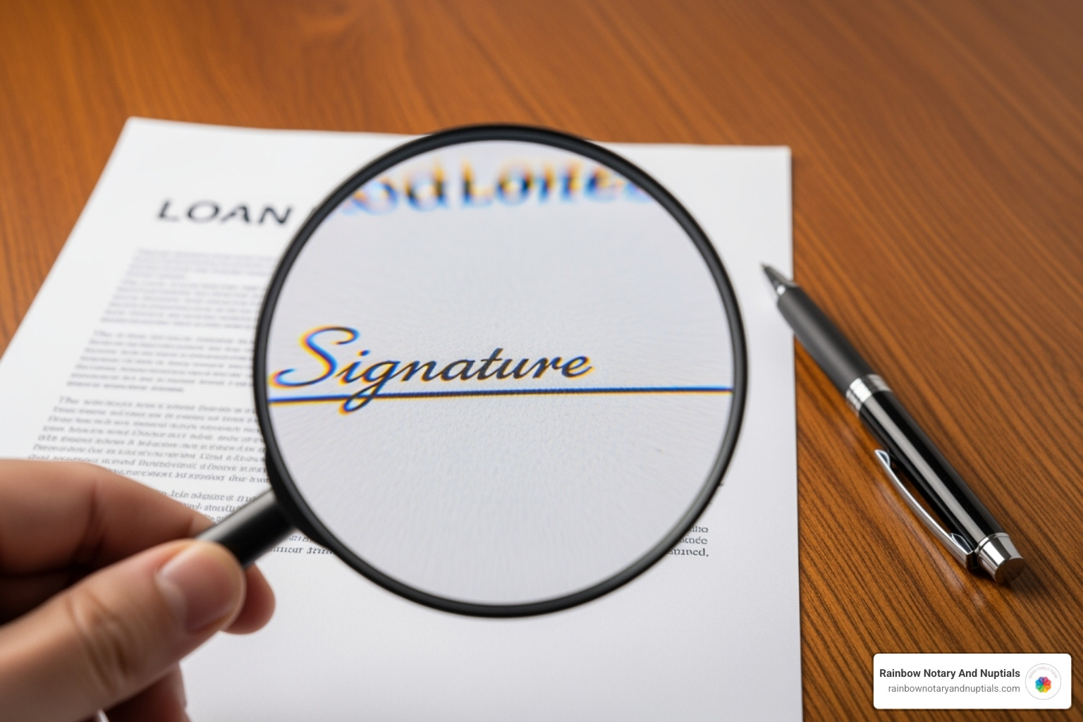 magnifying glass over a loan document, highlighting a signature line - certified loan signing agent