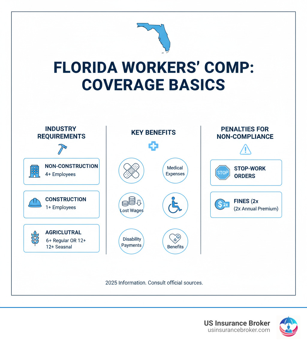 Infographic showing Florida workers' compensation coverage requirements by industry type, including employee thresholds for non-construction (4+ employees), construction (1+ employees), and agricultural (6+ regular or 12+ seasonal) businesses, along with key benefits covered such as medical expenses, lost wages, disability payments, and death benefits, plus penalties for non-compliance including stop-work orders and fines equal to double the annual premium - FL workers comp coverage infographic Infographic showing Florida workers' compensation coverage requirements by industry type, including employee thresholds for non-construction (4+ employees), construction (1+ employees), and agricultural (6+ regular or 12+ seasonal) businesses, along with key benefits covered such as medical expenses, lost wages, disability payments, and death benefits, plus penalties for non-compliance including stop-work orders and fines equal to double the annual premium - FL workers comp coverage infographic
