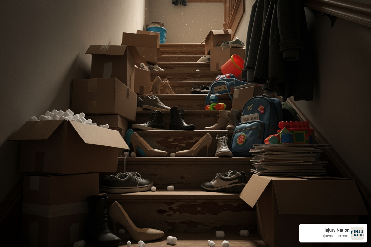 Poorly lit staircase with clutter - trip and fall accident