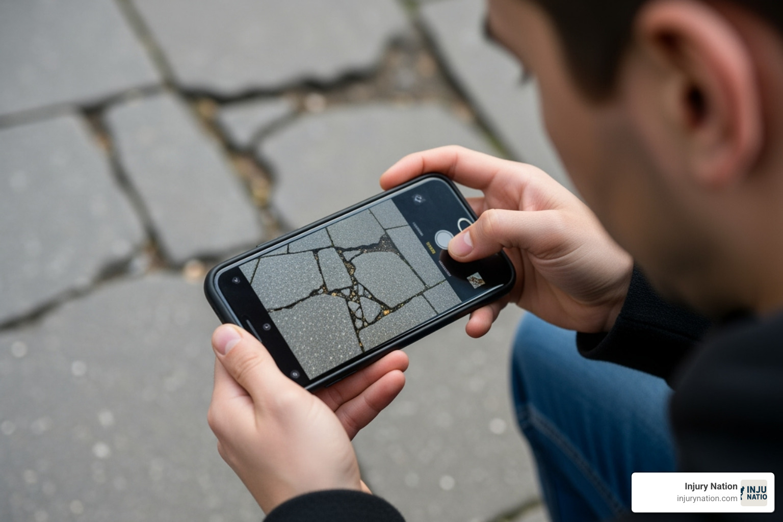 Person taking a photo of a hazard with their phone - trip and fall accident