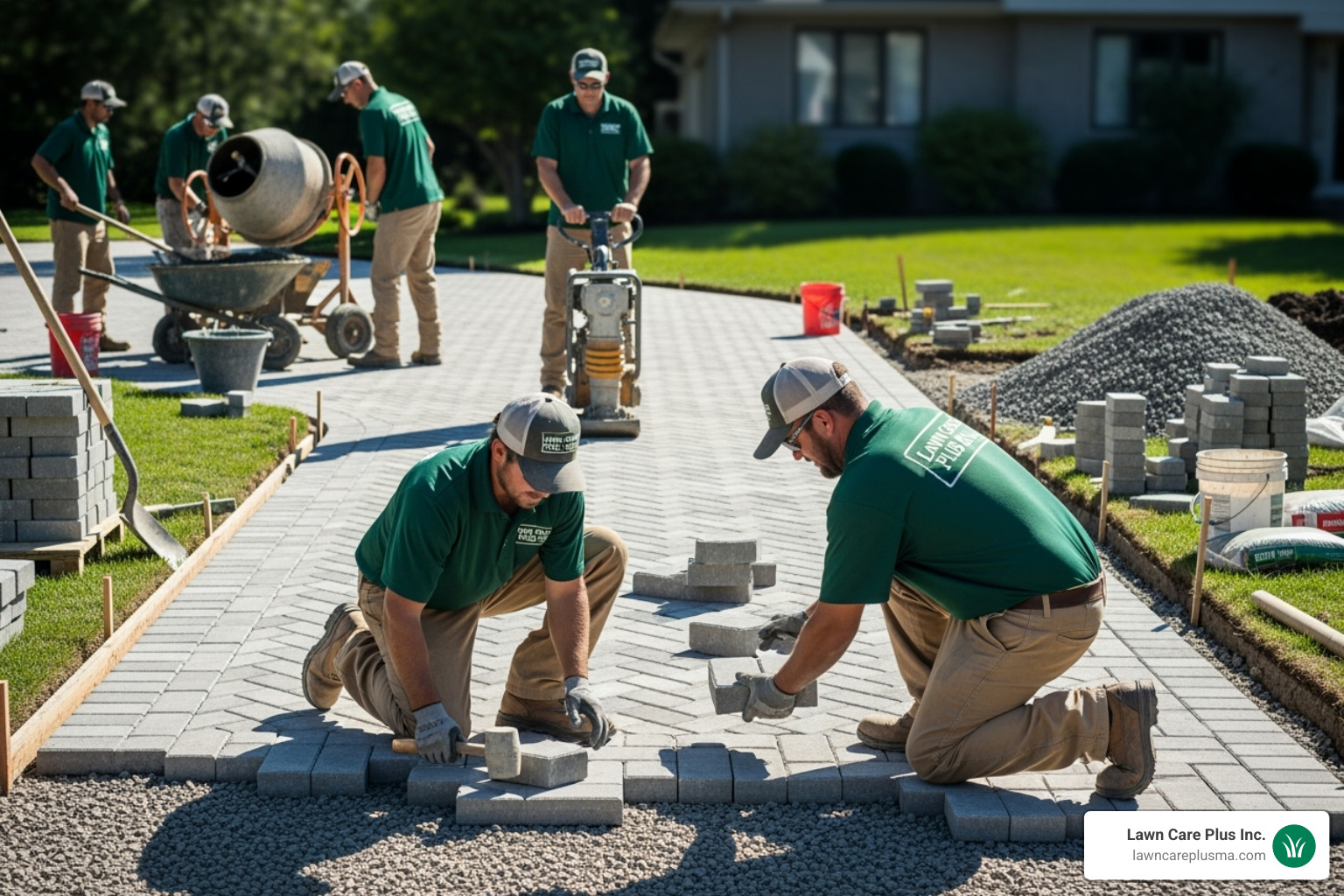 Lawn Care Plus Inc. team working on hardscaping - fix concrete driveway