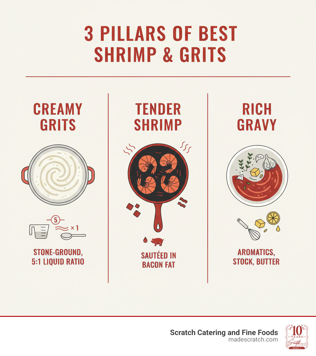 Infographic showing three pillars of best shrimp and grits: Left panel shows stone-ground grits in a pot with 5:1 liquid ratio labeled, center panel displays large gulf shrimp being sautéed in bacon fat, right panel illustrates gravy ingredients including aromatics, stock, and butter being combined - Best shrimp grits infographic 