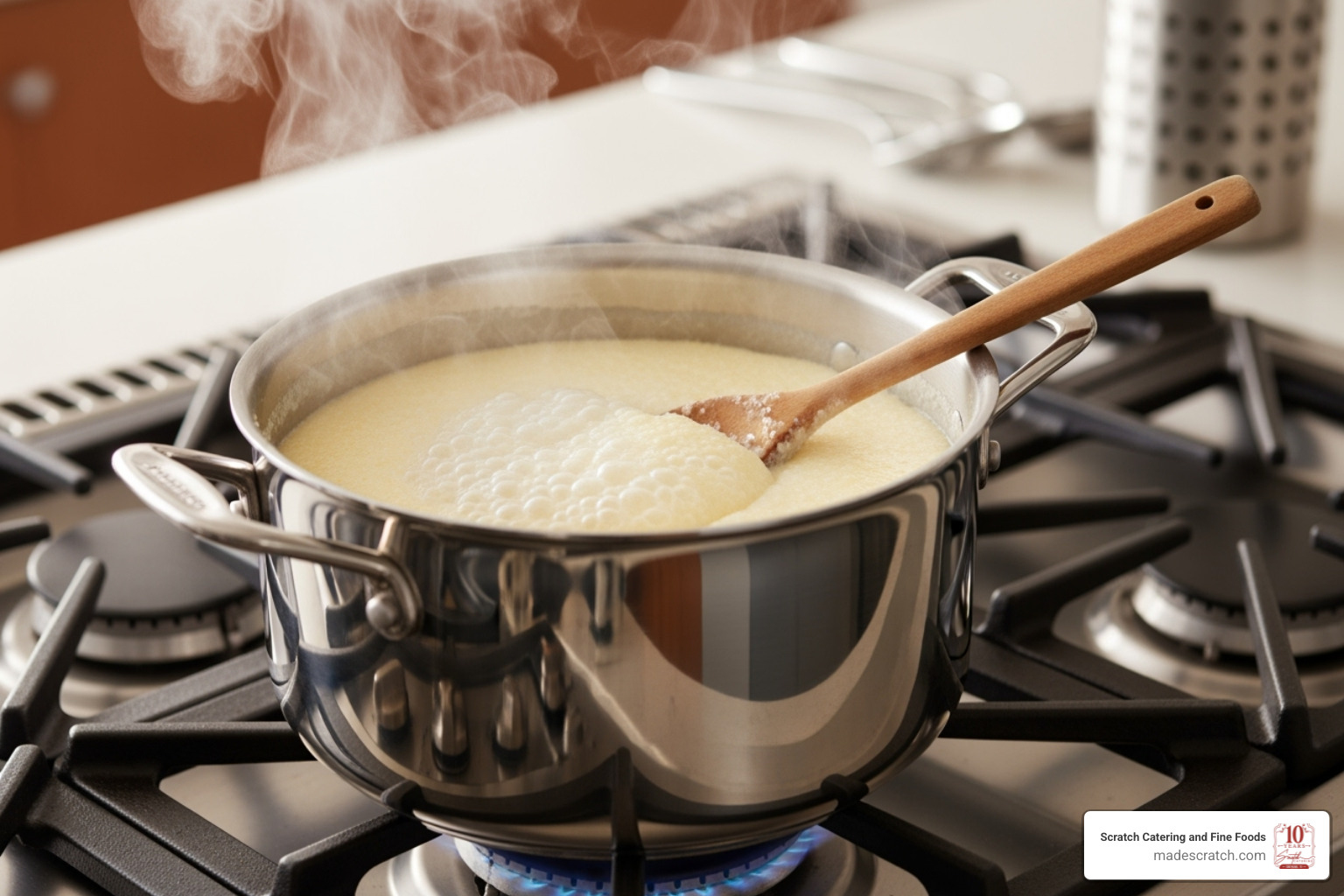 grits simmering in a pot - Best shrimp grits
