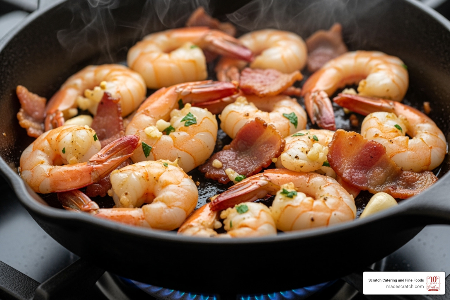 shrimp sautéing in a pan with bacon - Best shrimp grits