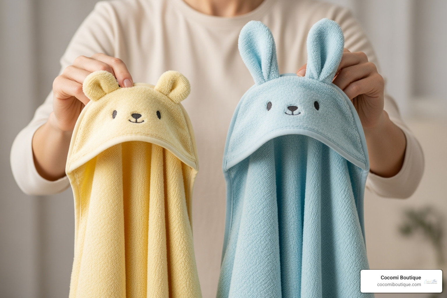 parent comparing two different sized hooded towels - baby towels