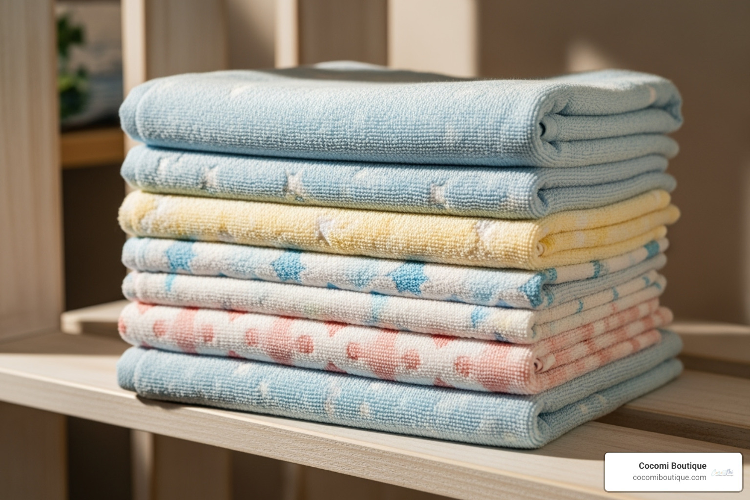 neatly folded, fluffy baby towels on a shelf - baby towels
