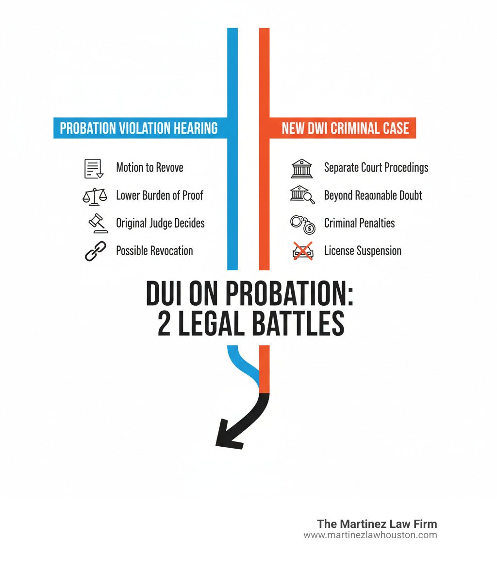 Infografía que muestra dos pistas paralelas: el lado izquierdo etiquetado como "Audiencia de violación de libertad condicional" con moción de revocación, menor carga de la prueba, el juez original decide, posible revocación; el lado derecho etiquetado como "Nuevo caso penal por conducir en estado de ebriedad" con procedimientos judiciales separados, más allá de toda duda razonable, sanciones penales, suspensión de licencia: infografía sobre qué sucede si recibe un DUI mientras está en libertad condicional.