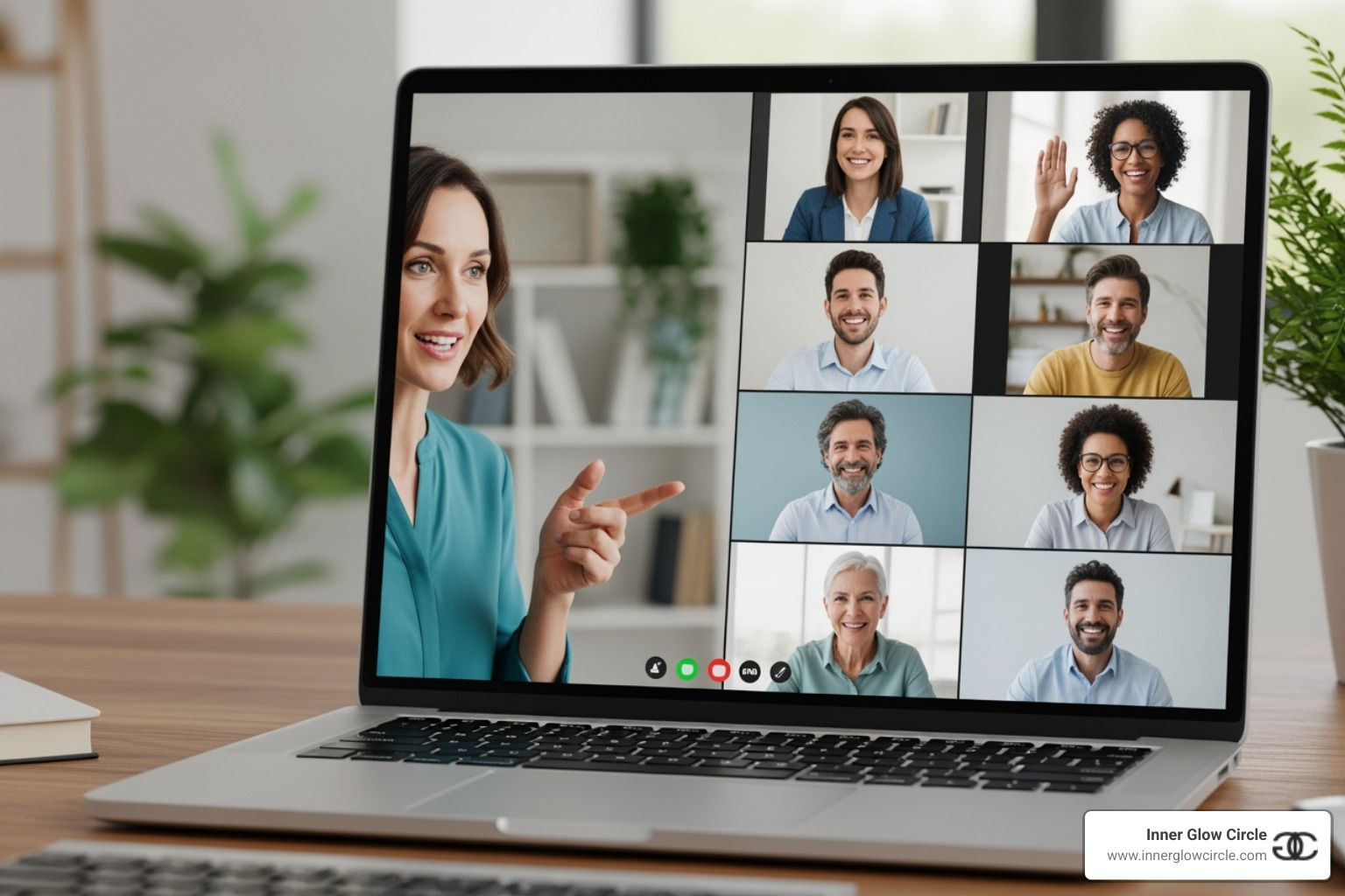 A coach hosting an engaging online workshop on a screen, with participants visible in video calls, illustrating community building - women empowerment coach brand