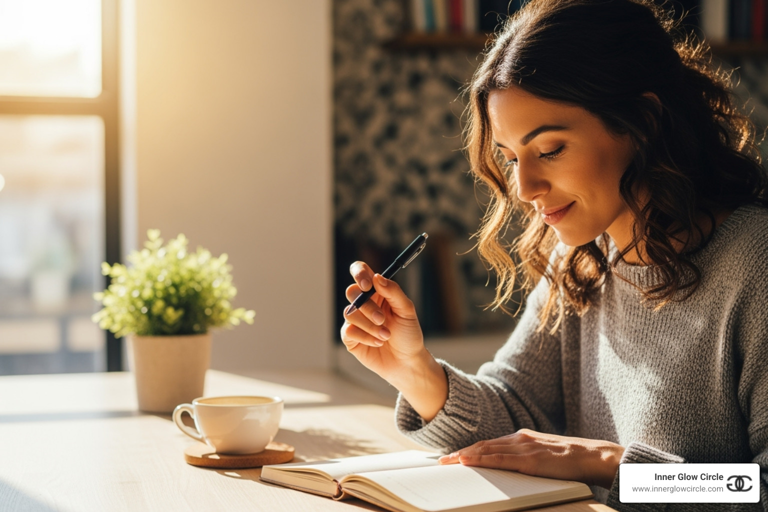 A woman journaling thoughtfully in an inspiring space, reflecting on her personal journey and future goals - women empowerment coach brand