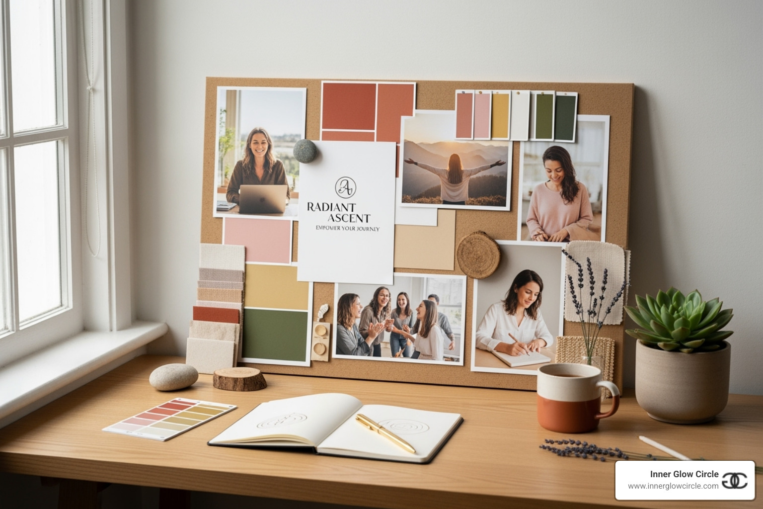 A brand mood board showcasing a cohesive collection of colors, fonts, and imagery, representing a women's empowerment coach brand's visual identity - women empowerment coach brand