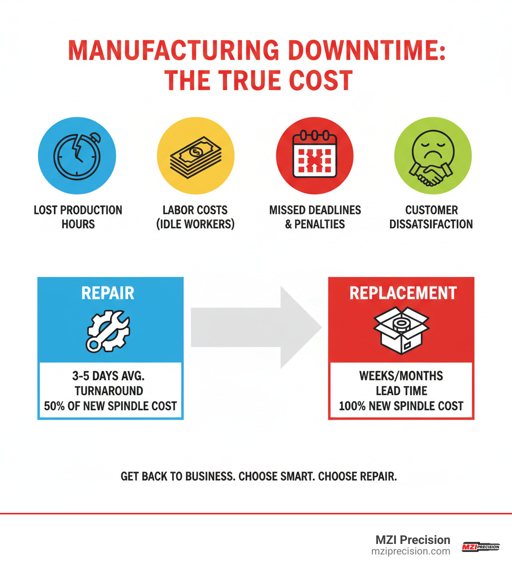 INFOGRAPHIC SHOWING FINANCIAL IMPACT OF MANUFACTURING DOWNTIME INCLUDING LOST PRODUCTION HOURS, LABOR COSTS, MISSED DEADLINES, AND CUSTOMER SATISFACTION DECLINE WITH COMPARISON BETWEEN REPAIR VERSUS REPLACEMENT TIMELINES AND COSTS - INDUSTRIAL SPINDLE REPAIR LOS ANGELES INFOGRAPHIC 
