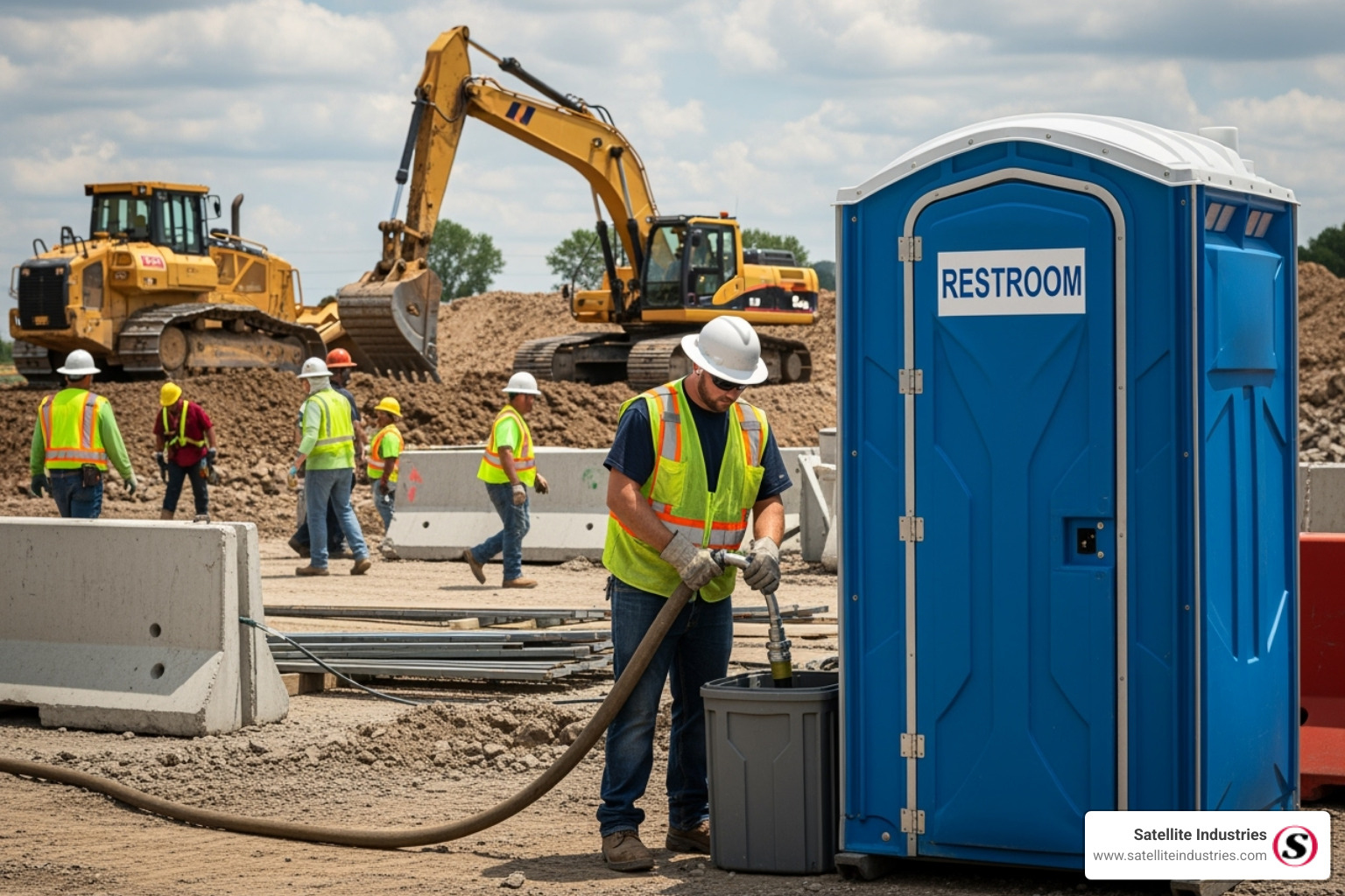 A durable, standard portable toilet unit being serviced on a construction site - portable toilet for construction