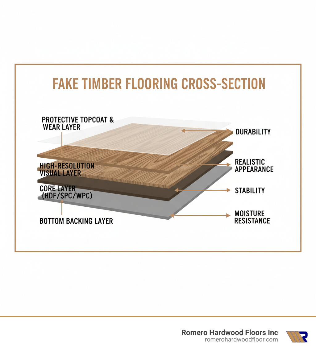 infographic showing the cross-section layers of fake timber flooring including bottom backing layer, core layer (HDF or SPC/WPC), high-resolution photographic visual layer, and protective topcoat with wear layer, with labels indicating moisture resistance, stability, realistic appearance, and durability features - Fake Timber Flooring infographic 