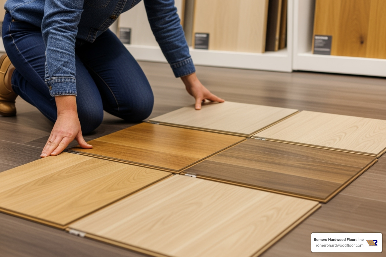 person comparing fake timber flooring samples in a showroom - Fake Timber Flooring