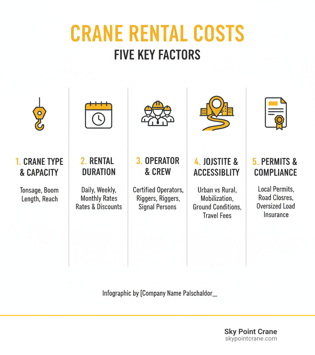 Infographic showing the five key factors influencing crane rental costs: Crane Type and Capacity (tonnage, boom length, reach), Rental Duration (daily, weekly, monthly rates and discounts), Operator and Crew Requirements (certified NCCCO operators, riggers, signal persons), Jobsite Location and Accessibility (urban vs rural, mobilization distance, ground conditions, travel fees), and Permits and Compliance (local permits, road closures, oversized load permits, insurance requirements) - Crane rental costs infographic Infographic showing the five key factors influencing crane rental costs: Crane Type and Capacity (tonnage, boom length, reach), Rental Duration (daily, weekly, monthly rates and discounts), Operator and Crew Requirements (certified NCCCO operators, riggers, signal persons), Jobsite Location and Accessibility (urban vs rural, mobilization distance, ground conditions, travel fees), and Permits and Compliance (local permits, road closures, oversized load permits, insurance requirements) - Crane rental costs infographic