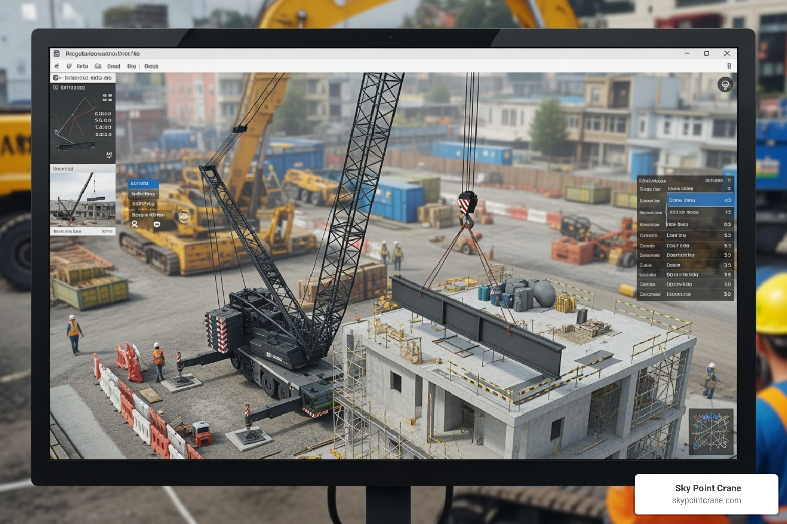 a 3D lift plan on a computer screen - Crane rental costs a 3D lift plan on a computer screen - Crane rental costs