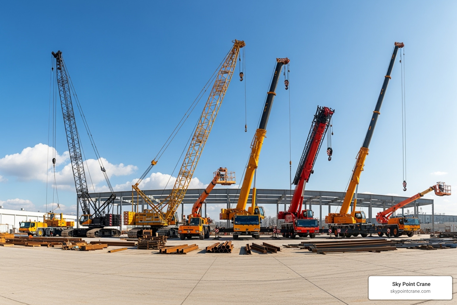 a lineup of different crane types like a crawler, all-terrain, and boom truck - Crane rental costs a lineup of different crane types like a crawler, all-terrain, and boom truck - Crane rental costs