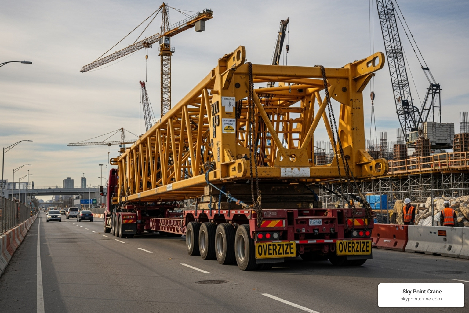 a crane being delivered to a job site on a flatbed truck - Crane rental costs a crane being delivered to a job site on a flatbed truck - Crane rental costs