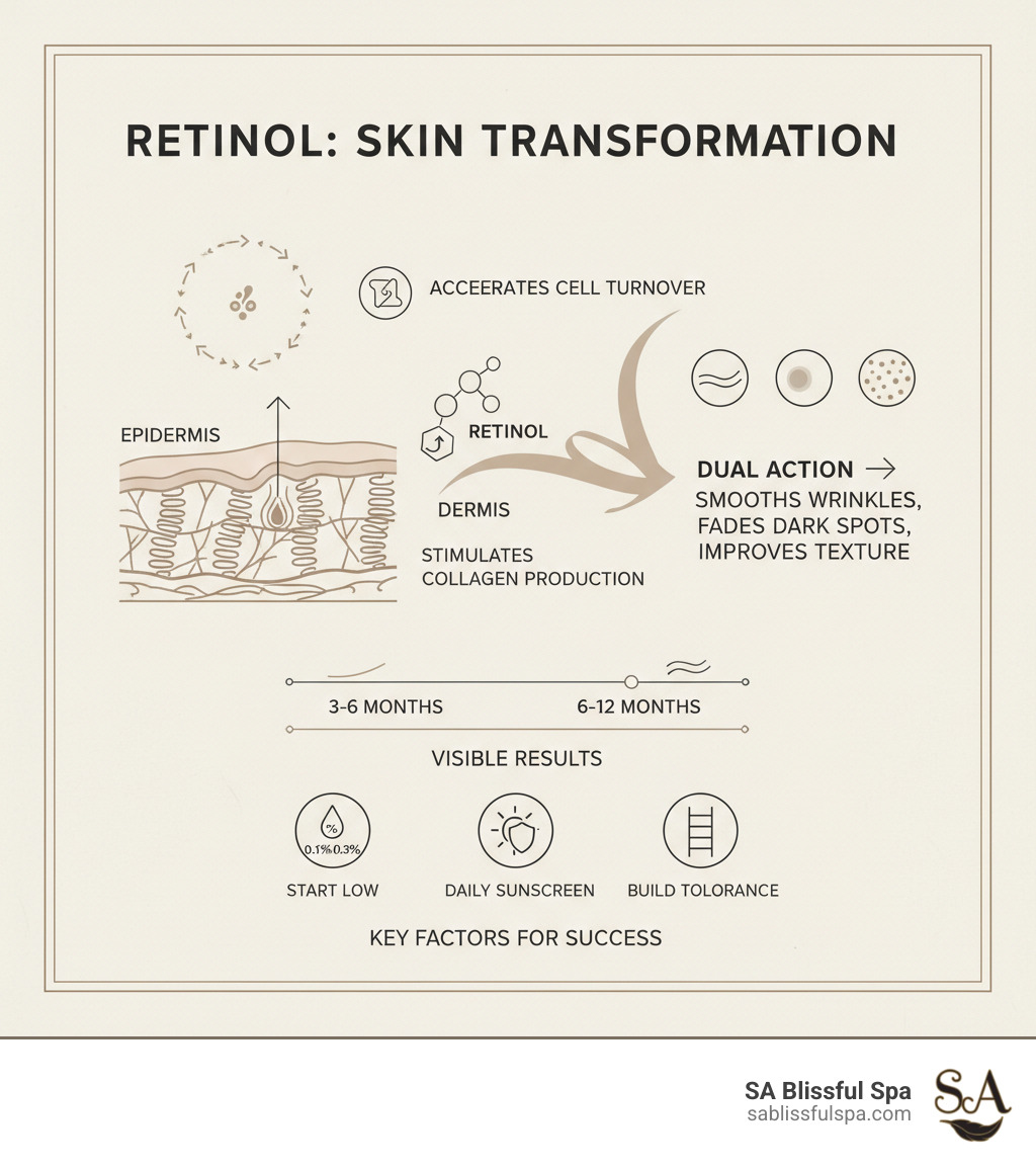 Infographic showing how retinol works: Retinol penetrates the skin's surface, stimulating collagen production in the dermis while accelerating cell turnover in the epidermis. This dual action smooths wrinkles, fades dark spots, and improves overall texture. The process takes 3-6 months for visible results on fine lines and 6-12 months for deeper wrinkles. Key factors for success include starting with low concentrations, using sunscreen daily, and gradually building tolerance. - best retinol treatment for wrinkles infographic 