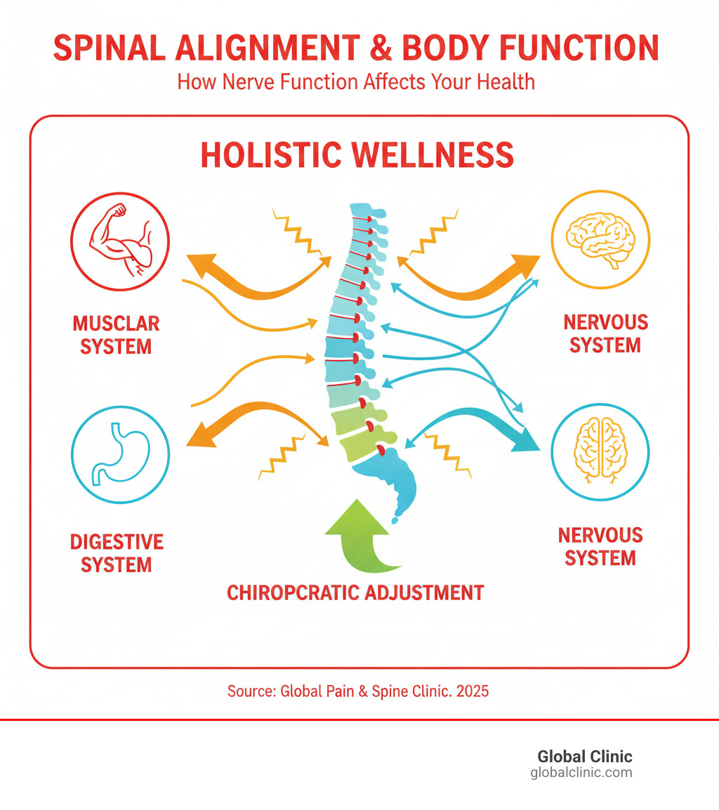 Infographic showing how spinal misalignment affects nerve function throughout the body, with arrows connecting the spine to major body systems including muscular, digestive, and nervous systems, illustrating the holistic impact of chiropractic adjustments - chiropractor Barrington IL infographic 