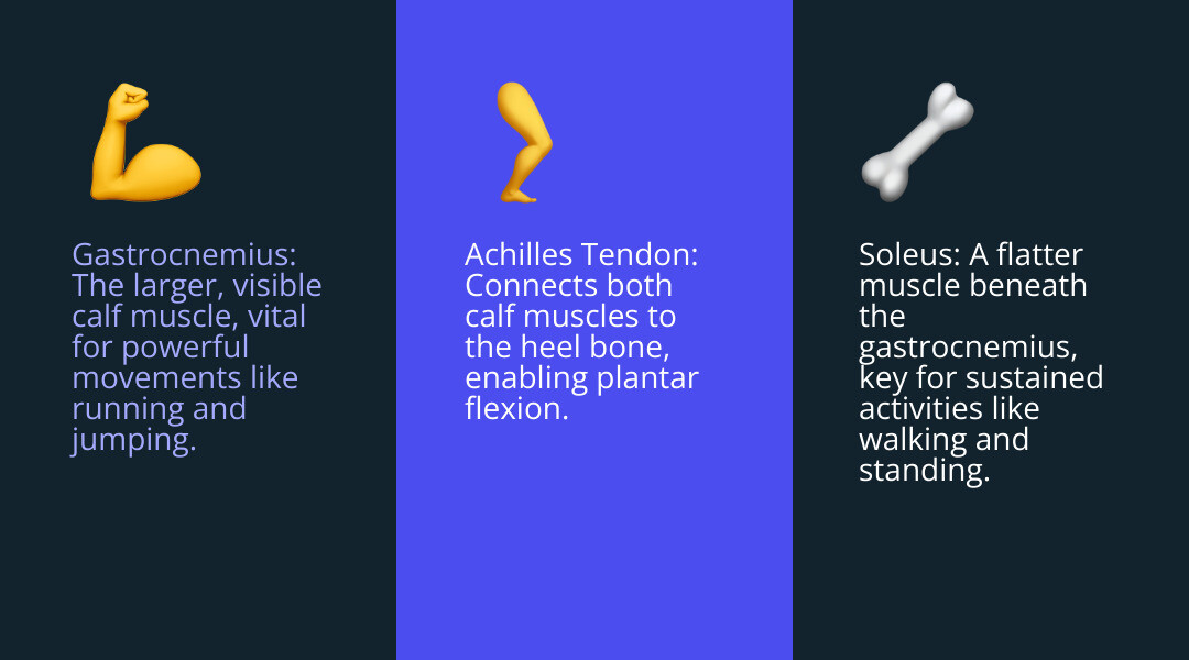 Infographic showing the anatomy of the calf muscles with the gastrocnemius muscle at the top, the soleus muscle beneath it, and the Achilles tendon connecting both to the heel bone, with labels indicating their roles in walking, running, and jumping - calf muscles hurt infographic 3_facts_emoji_blue
