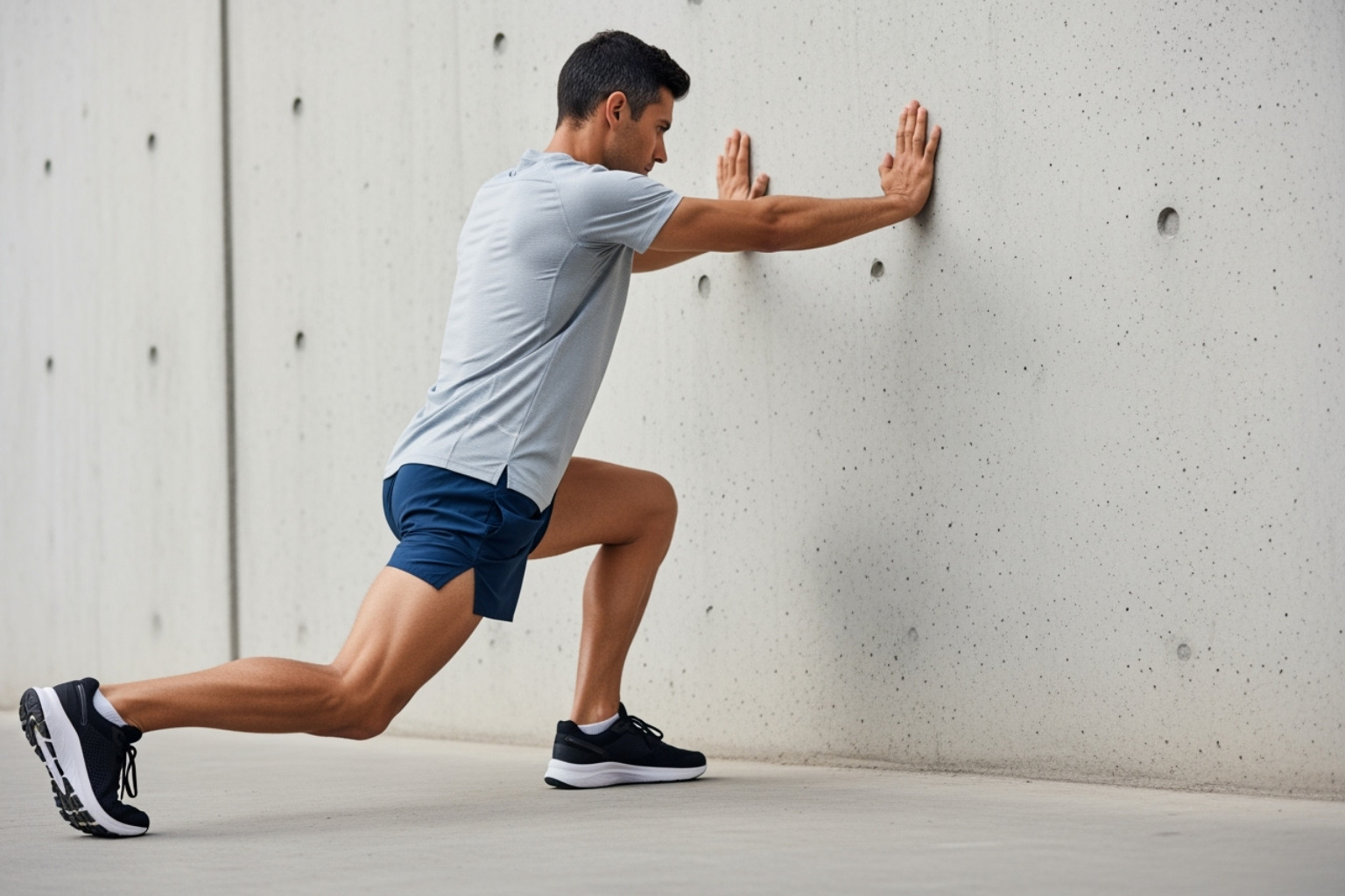 runner performing a proper calf stretch against a wall - calf muscles hurt