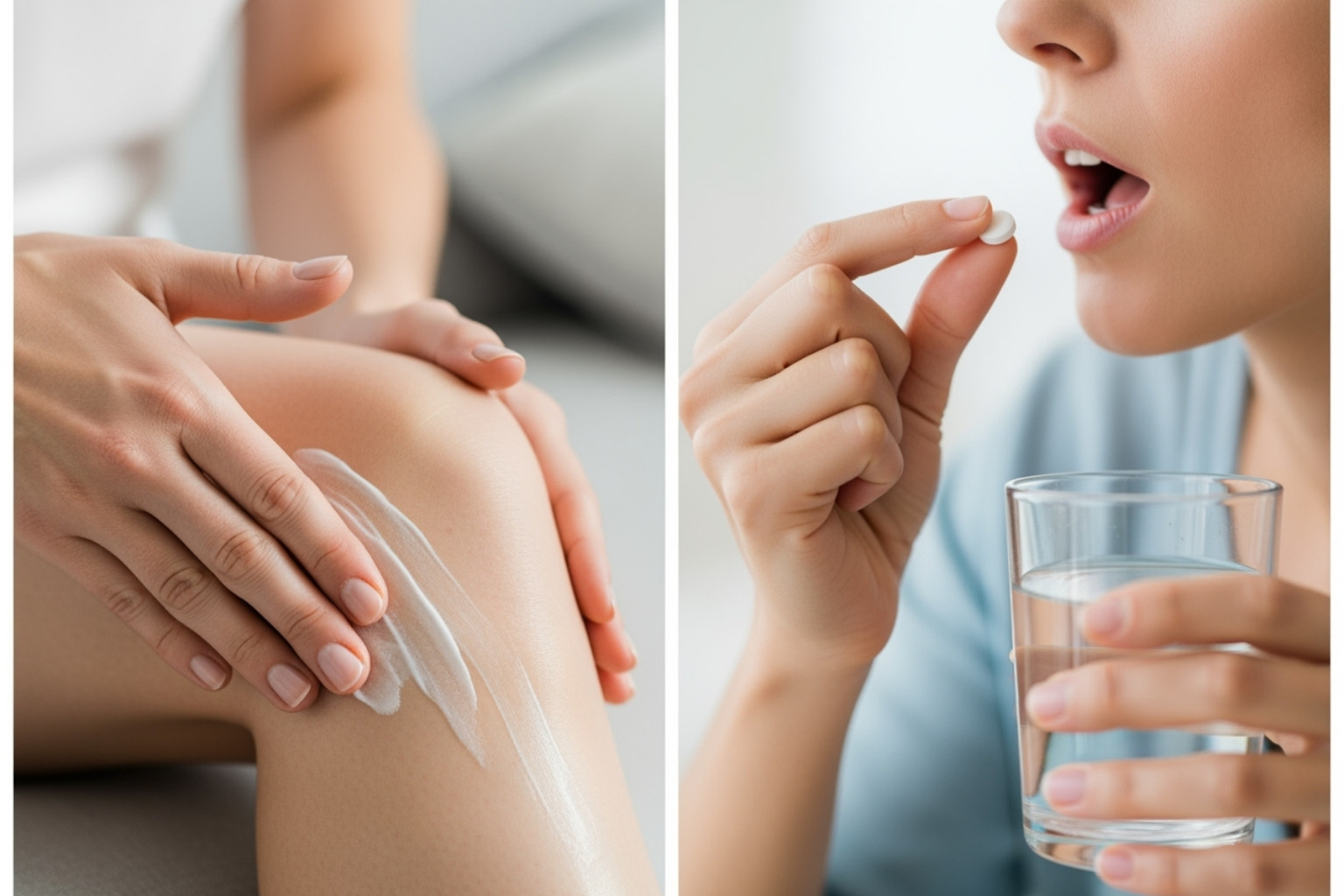 a cream being applied to a knee on one side and a person taking a pill on the other - arthritis pain relief cream