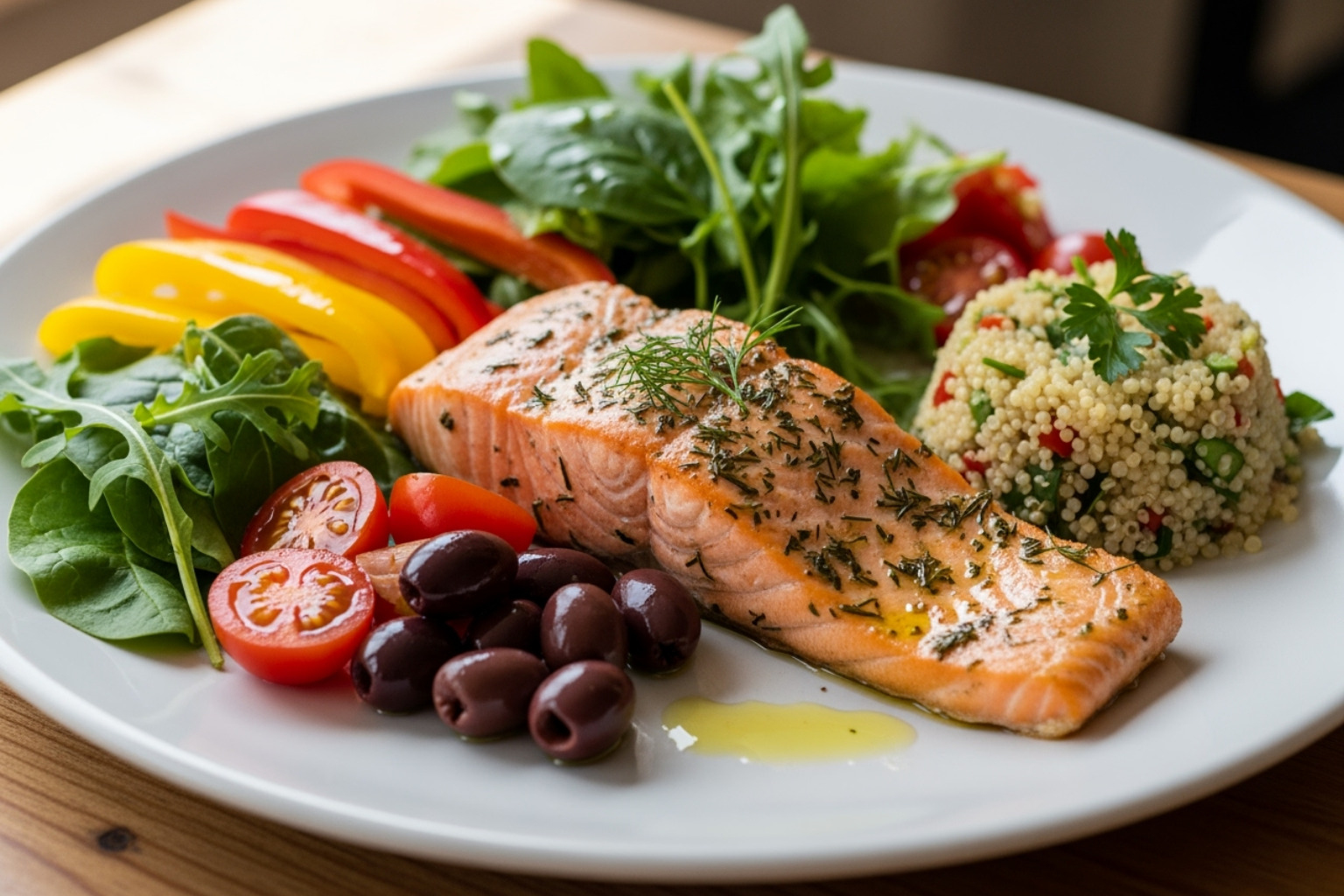 A vibrant, colorful plate of Mediterranean-style food, including grilled salmon, fresh vegetables like bell peppers, tomatoes, and leafy greens, olives, and a drizzle of olive oil, alongside a bowl of whole grains. - natural anti inflammatory