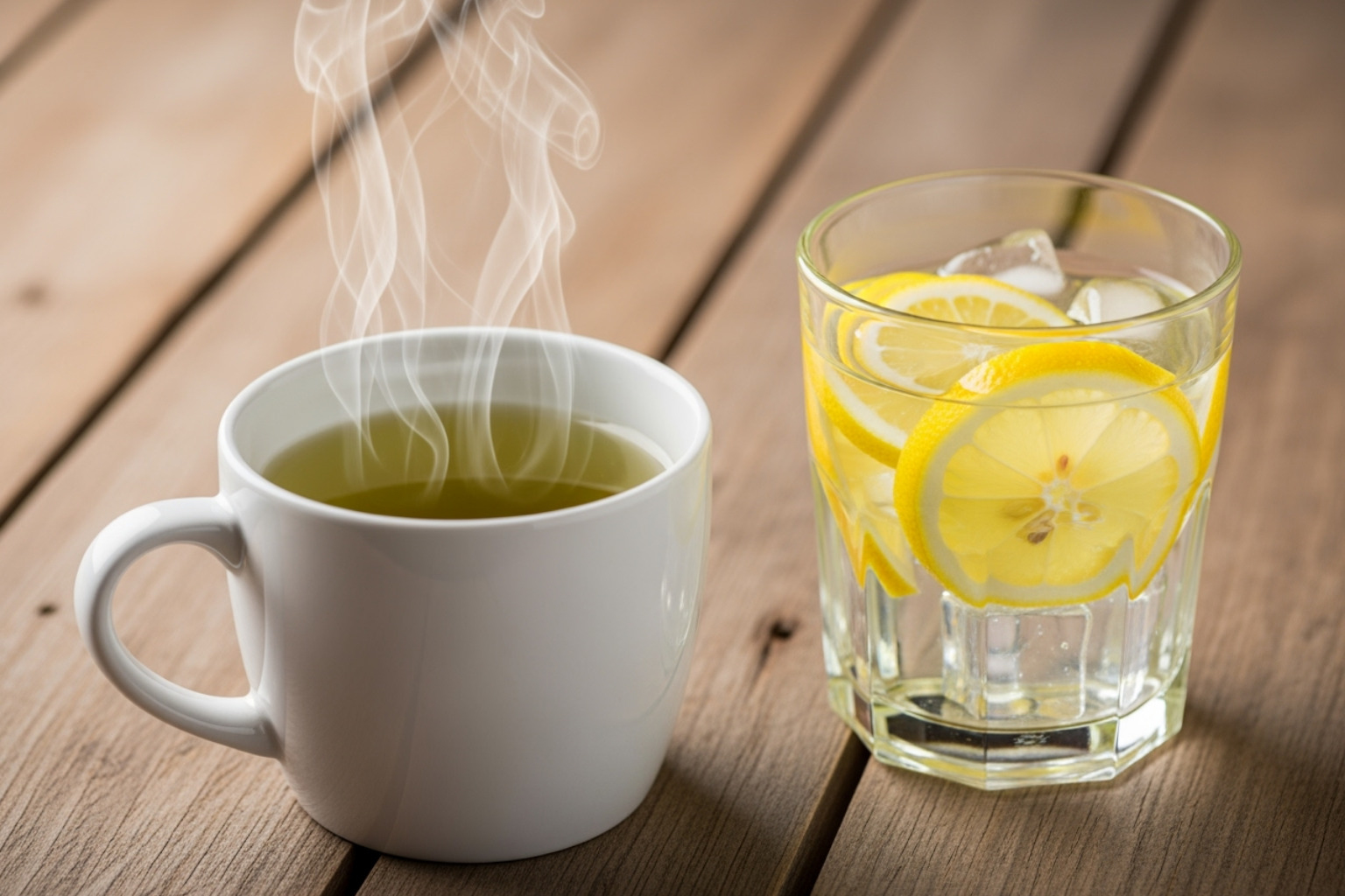 A steaming mug of green tea sits on a wooden table next to a glass of water with fresh lemon slices, suggesting healthy and refreshing beverage choices. - natural anti inflammatory