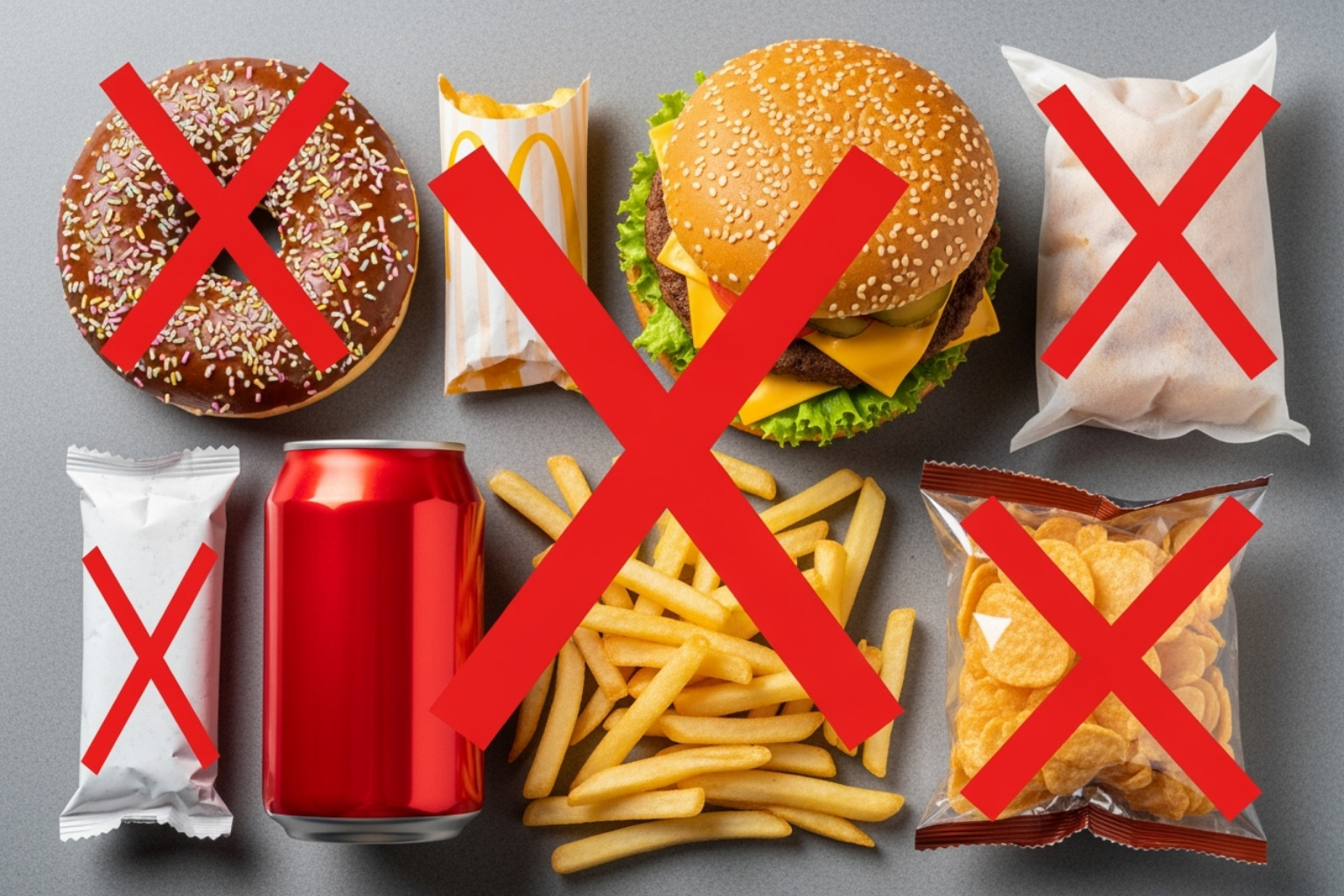 An image showing various processed foods like fast food burgers, french fries, donuts, soda, and packaged snacks, all with a large red "X" superimposed over them, indicating they should be avoided. - natural anti inflammatory