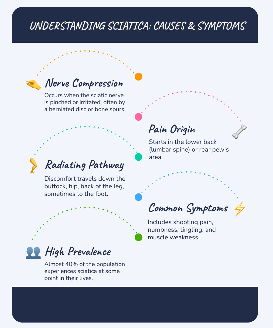 Infographic showing the sciatic nerve pathway from lower back through buttocks and down the leg, with common pain points highlighted and key symptoms listed: shooting pain, numbness, tingling, and muscle weakness - Best Cream for Sciatica Pain infographic infographic-line-5-steps-blues-accent_colors