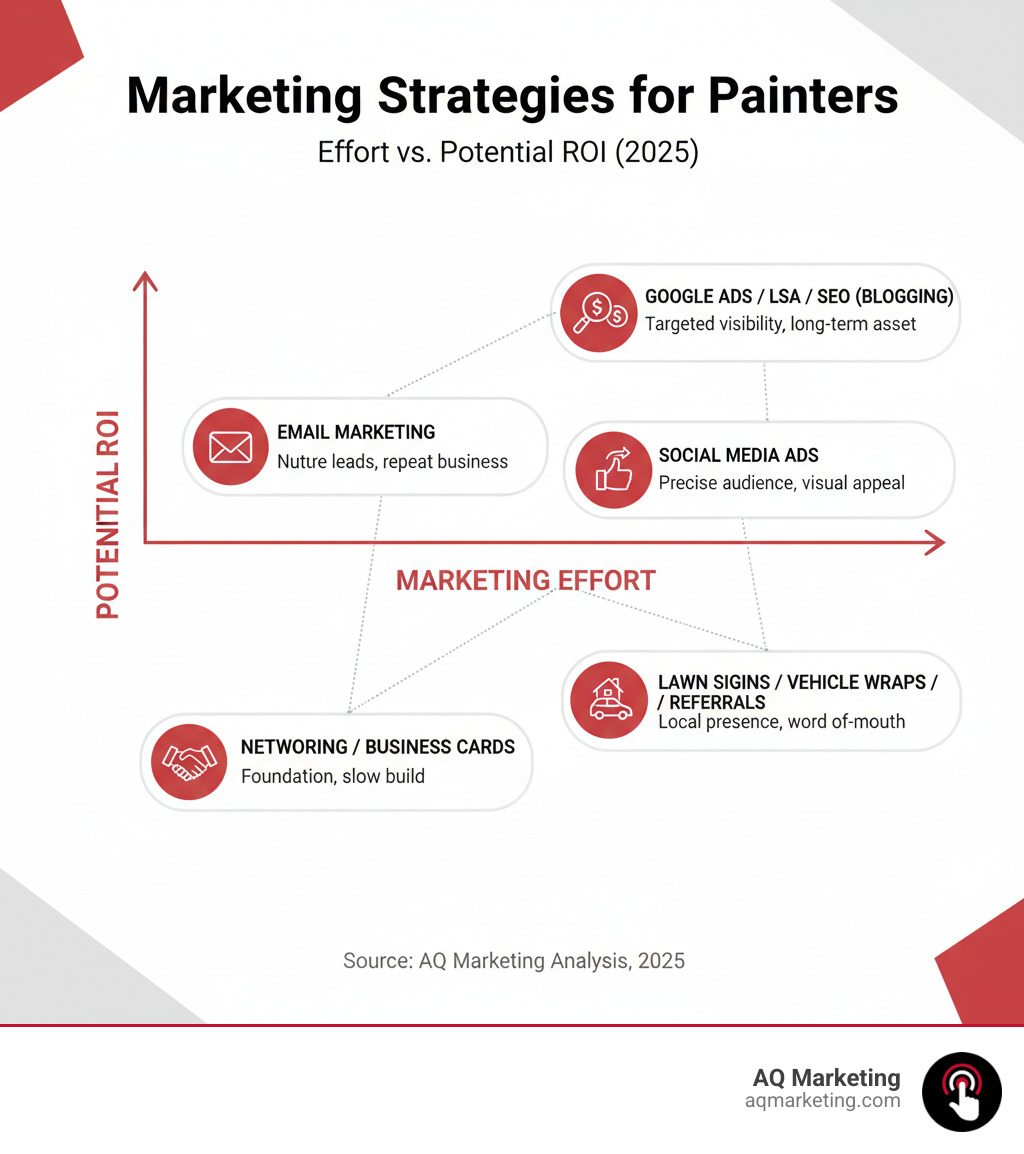 table comparing marketing effort vs potential ROI for different strategies - Marketing for painters infographic table comparing marketing effort vs potential ROI for different strategies - Marketing for painters infographic